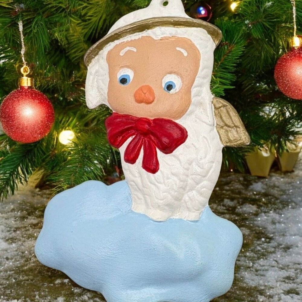 Vintage Lamb Angel Christmas Tree Ornament On Cloud Hand Painted with Red Bow